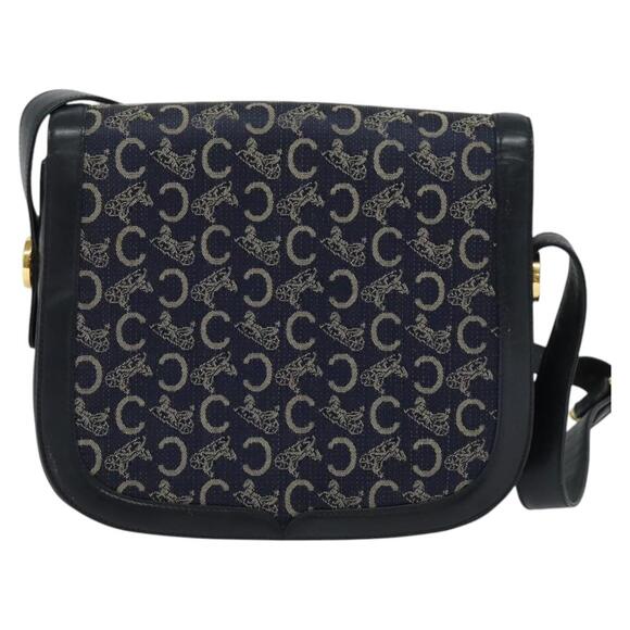CELINE C Sulky Shoulder Bag Canvas Navy Gold - Picture 3 of 12